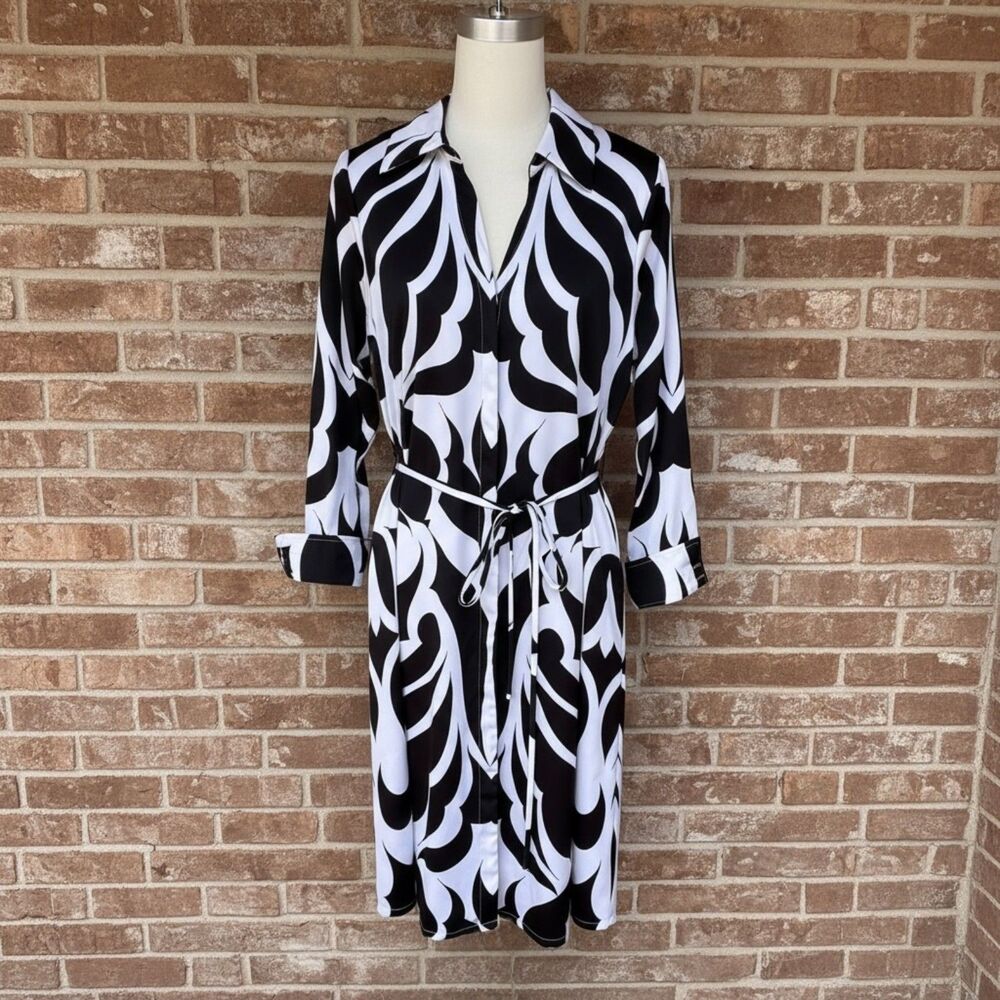 Worthington Petite L Black White Graphic Satin Shirt Dress Belted